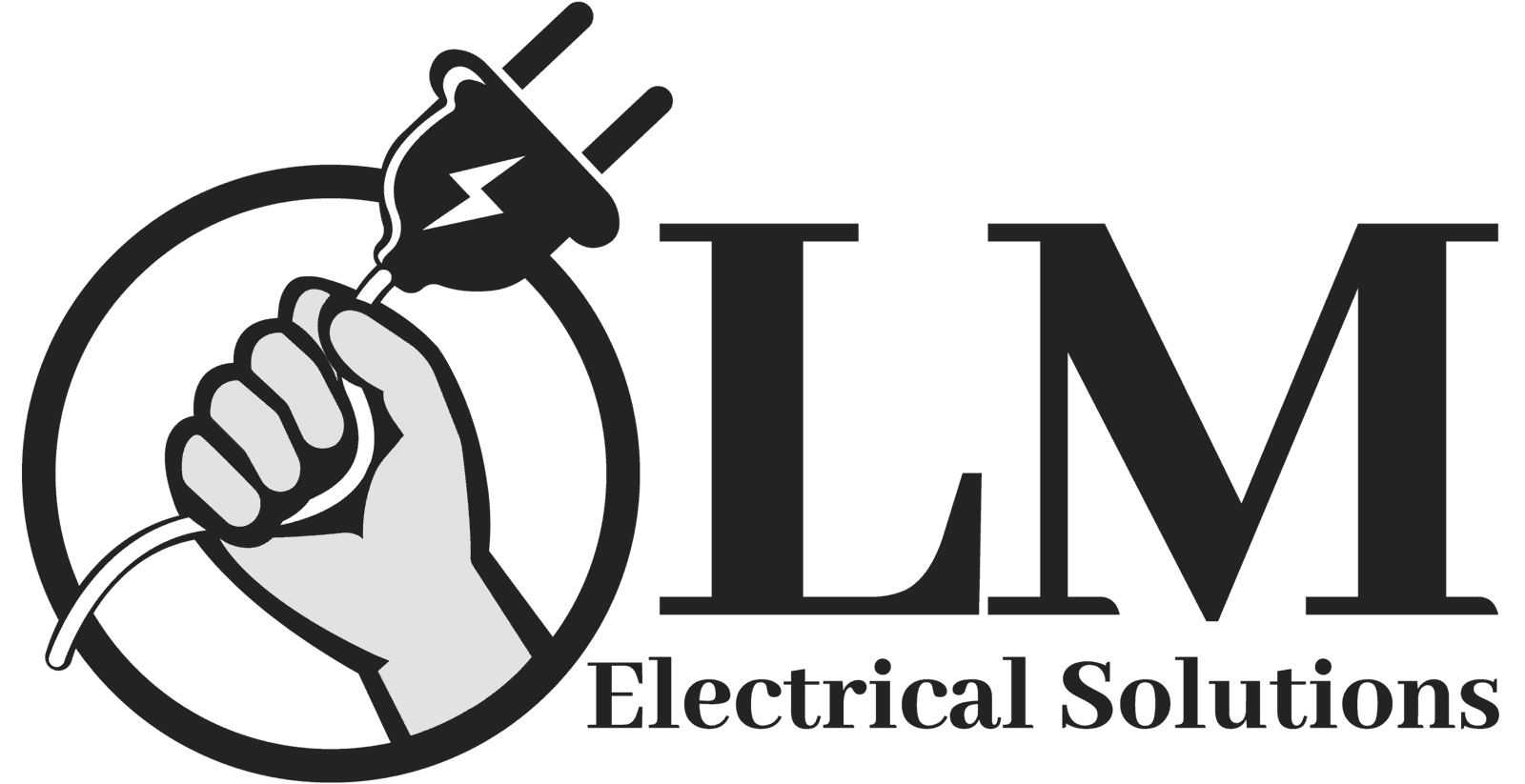 Hand holding electrical plug with LM Electrical Solutions logo in background.