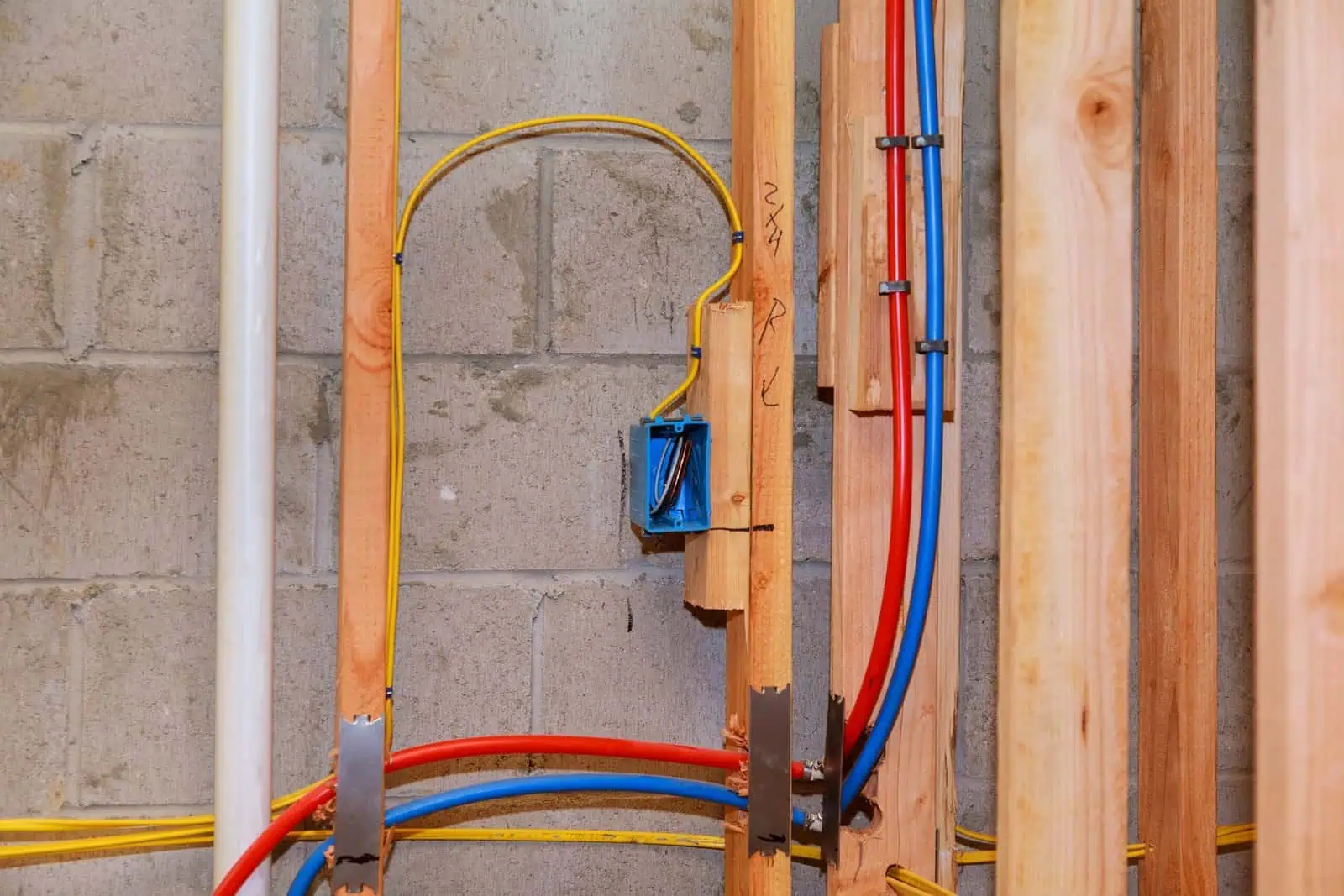 Electrical wiring and conduit installation in a building wall.